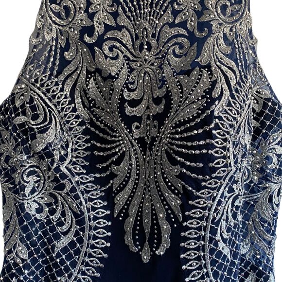 Cachet Navy Blue Rhinestone Beaded Embroidered Long Formal Dress Gown Prom sz 4 - Picture 4 of 13
